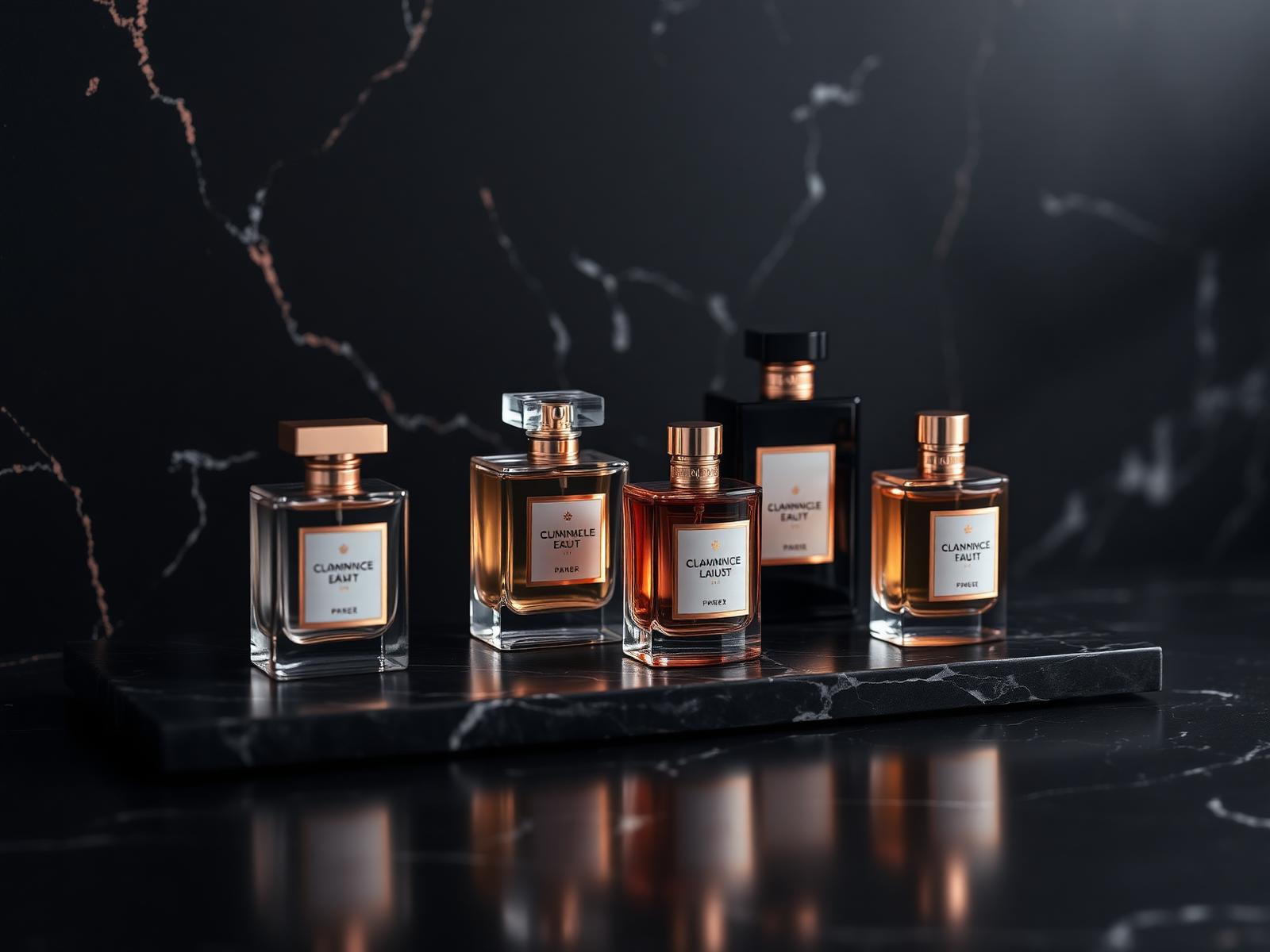 Composição de perfumes sobre mármore escuro